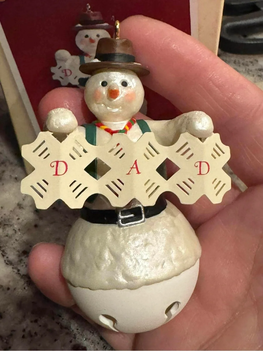 2005 vintage Hallmark White Snowman 'Dad' Ornament with Red Accents